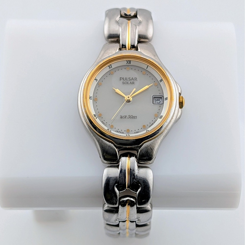 Pulsar Solar V182-0A40 Women's Roman Numeral Date Watch New Capacitor 6.75"